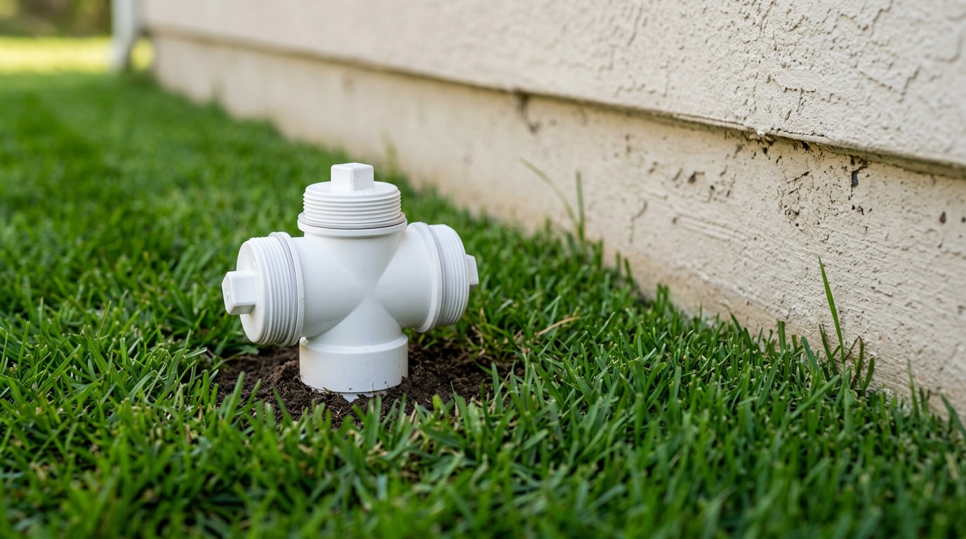 Two-way plumbing cleanout installed in a residential lawn near a home foundation