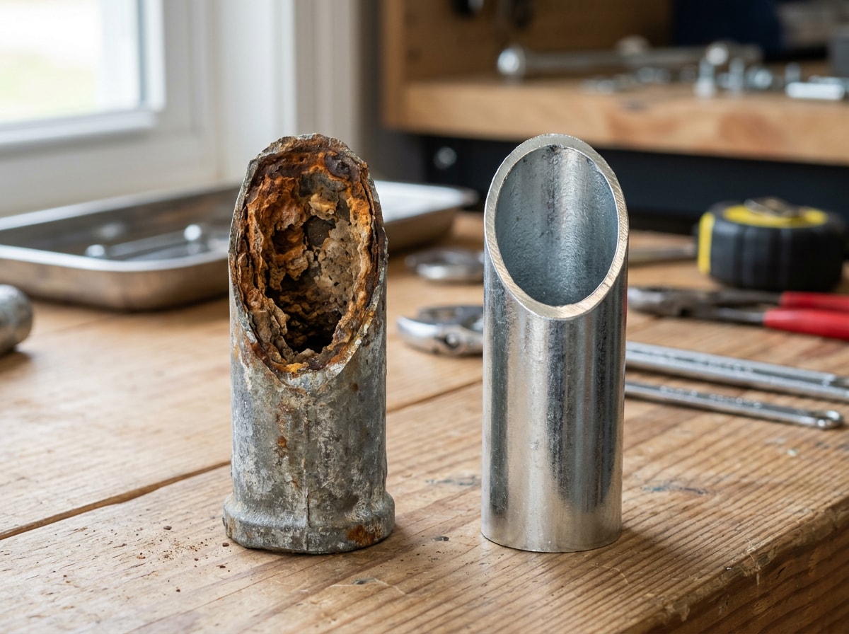 Corroded galvanized steel water pipe section cut open to show heavy interior mineral buildup