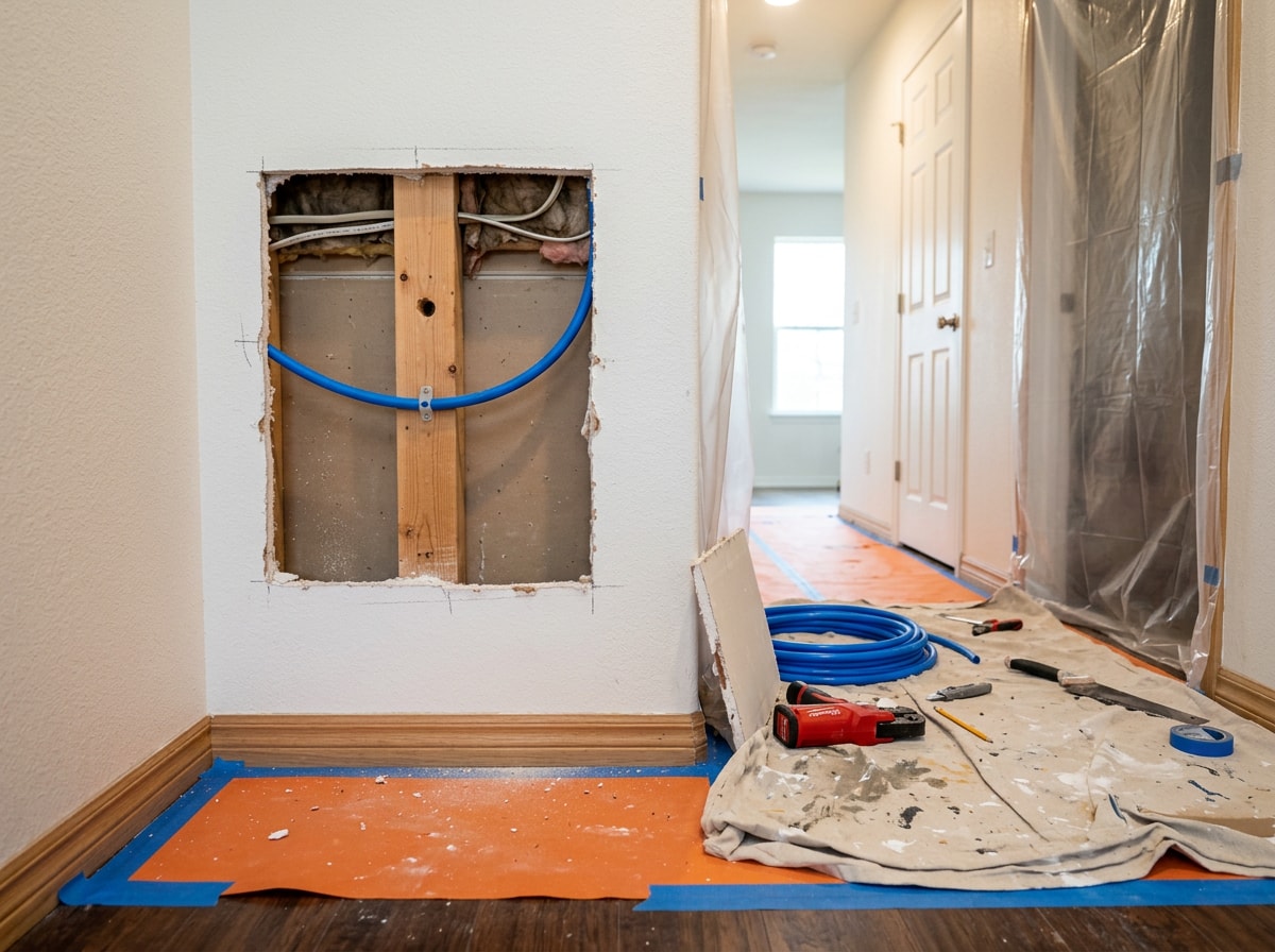 New PEX supply lines installed through an open wall access point during a whole house repipe