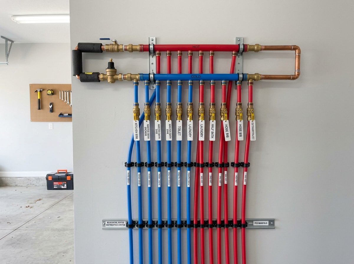 Finished manifold of new water supply lines with labeled shut off valves in a utility space