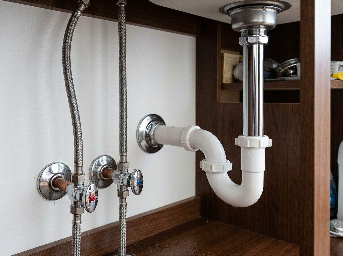 Under sink plumbing with supply lines, shut off valves, tailpiece and P-trap neatly installed
