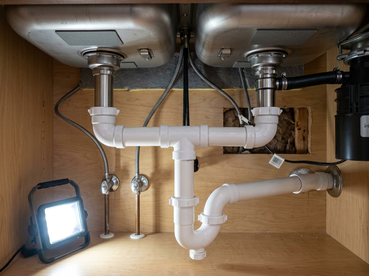 Double bowl kitchen sink with continuous waste tee and single P trap installed under the cabinet