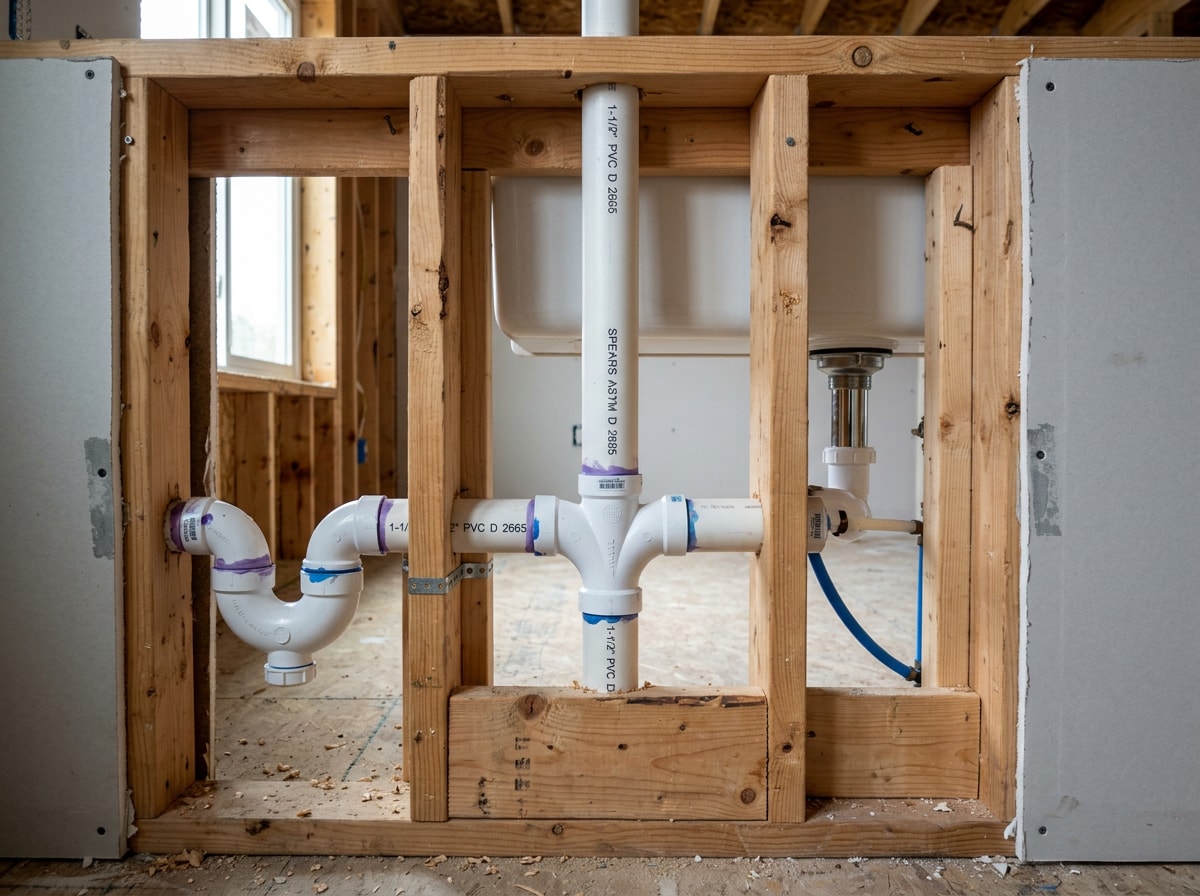Kitchen sink trap arm entering the wall stub out with vent takeoff visible in the open wall cavity