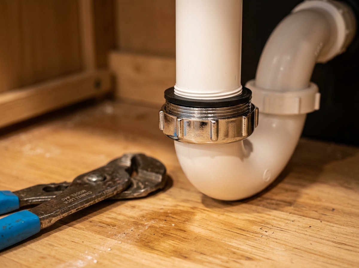 Close up of a chrome P trap slip joint connection on a newly installed kitchen sink drain