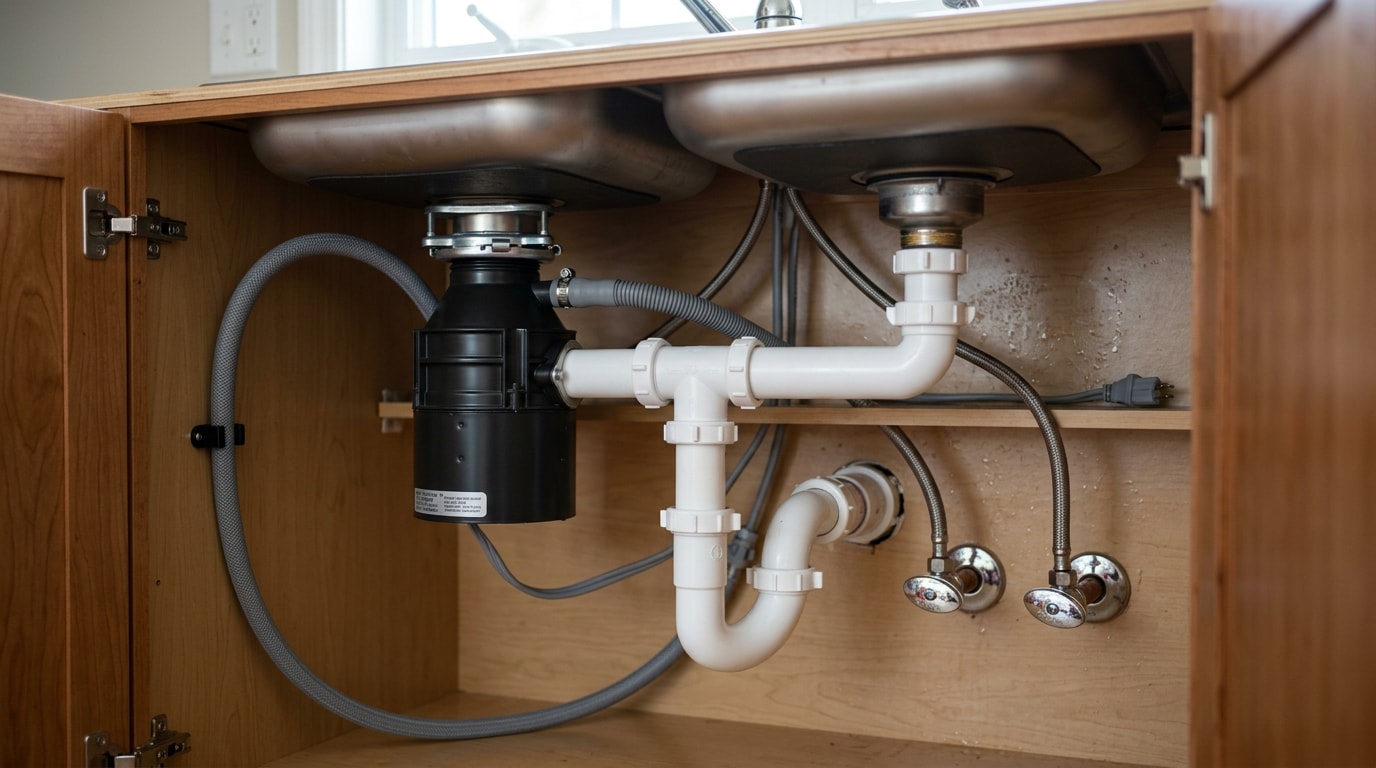 Under sink kitchen plumbing showing P-trap, supply lines, shut-off valves and disposal