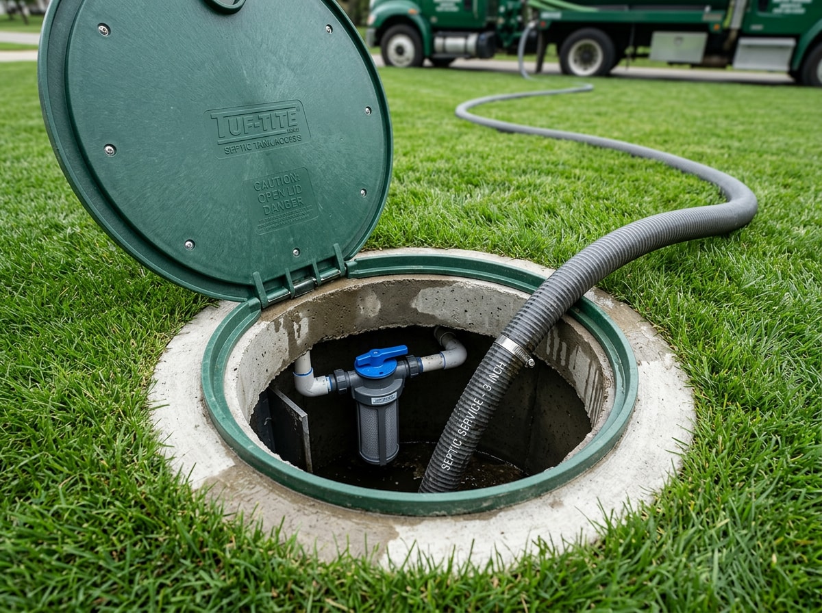 Open septic tank riser with vacuum hose connected during a residential pump out