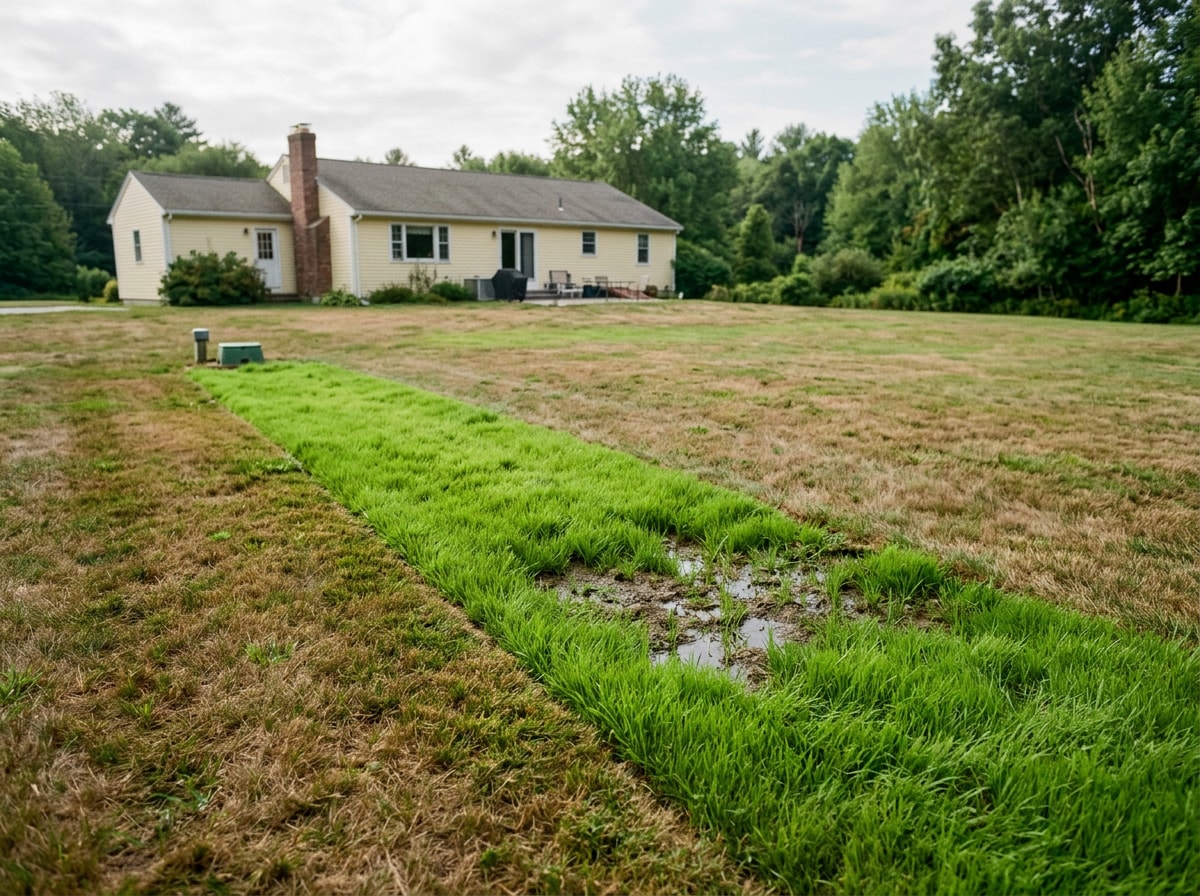Soggy ground and bright green grass patches over a saturated septic drain field