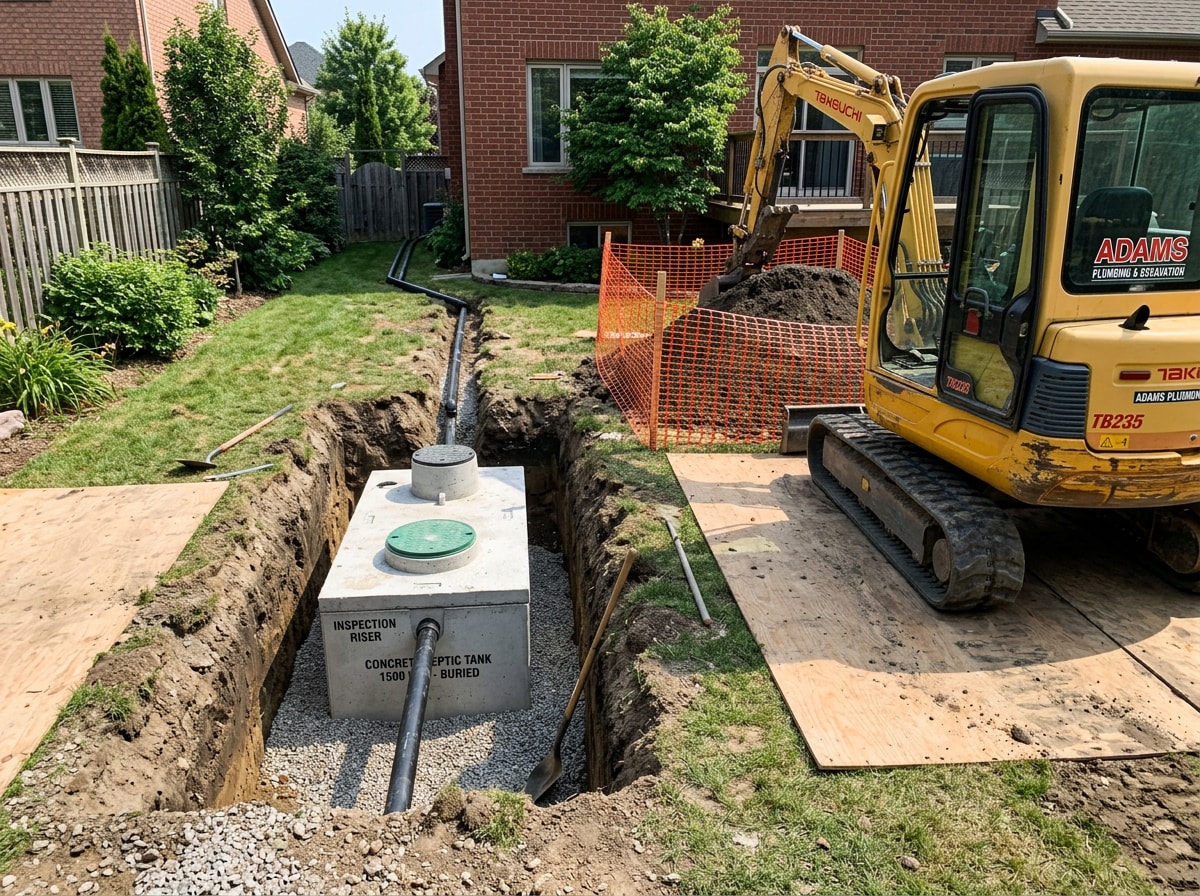 Excavator digging an open trench for a new septic tank installation in a residential yard