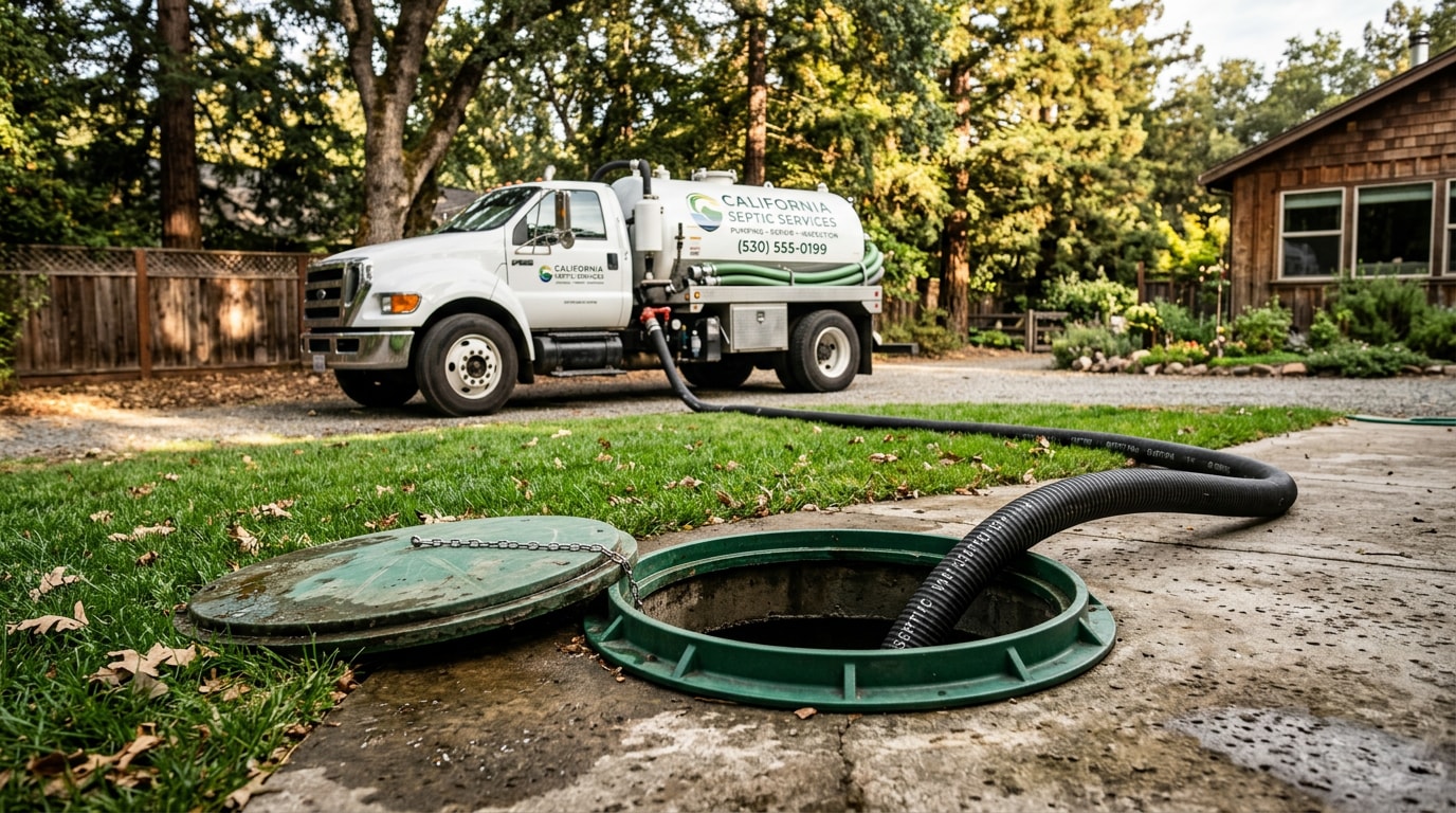 Open septic tank access riser in a backyard with a pump truck hose connected