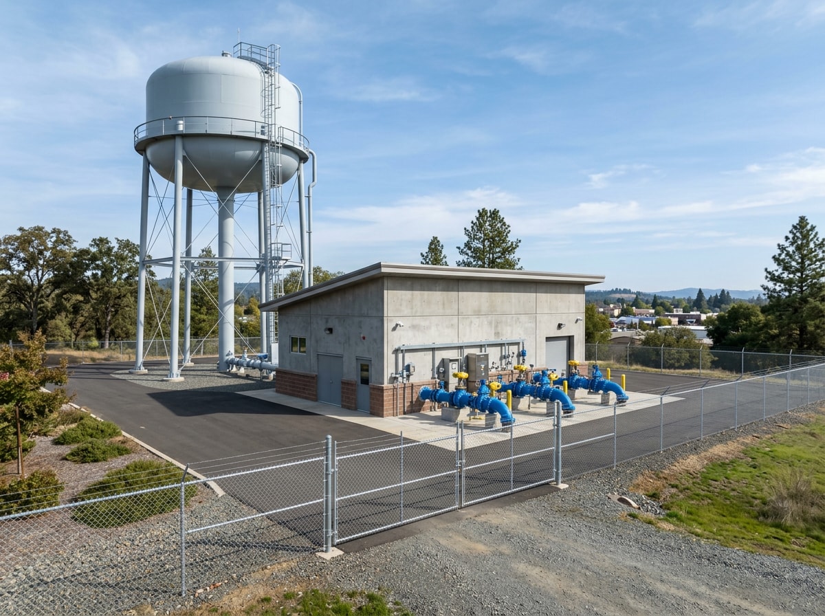 Diagram style view of a waterworks distribution chain from treatment plant through storage tank, pump station, water main and service line to a house