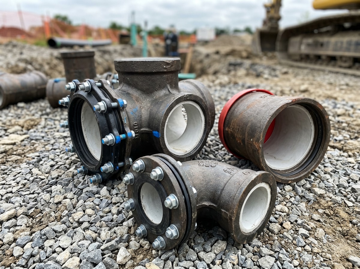 Close up of ductile iron waterworks fittings showing mechanical joint, push on joint and flanged ends staged on gravel