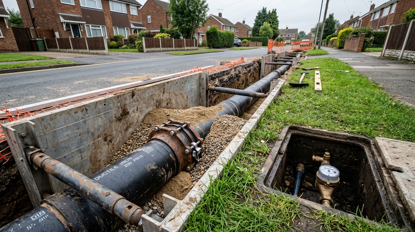 Buried ductile iron water main and mechanical joint fitting in an open trench beside a residential curb and meter box