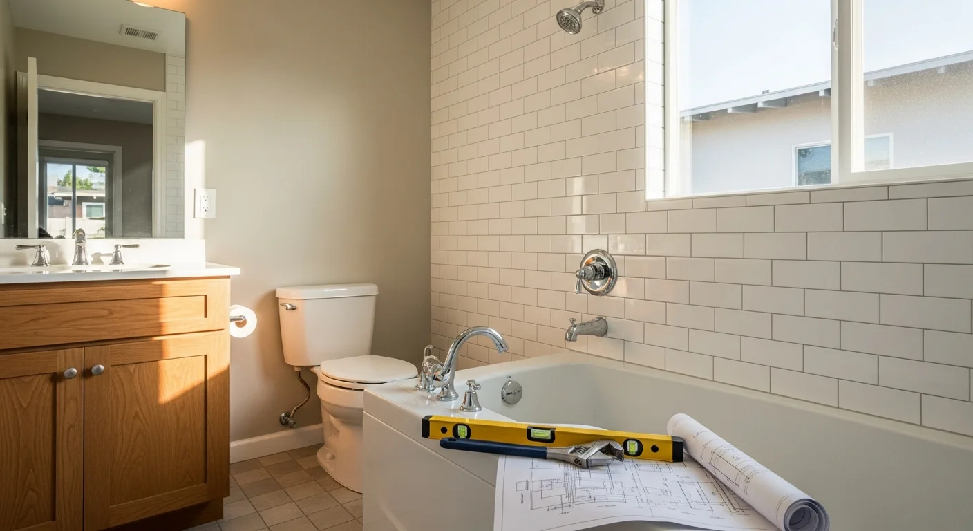 Modern bathroom with new vanity, tile flooring, and updated plumbing fixtures