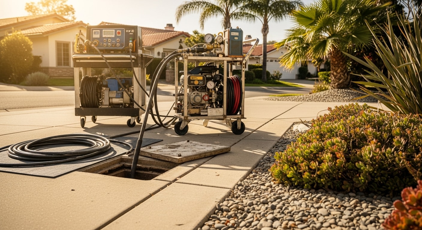 Drain cleaning equipment being used on residential drain line