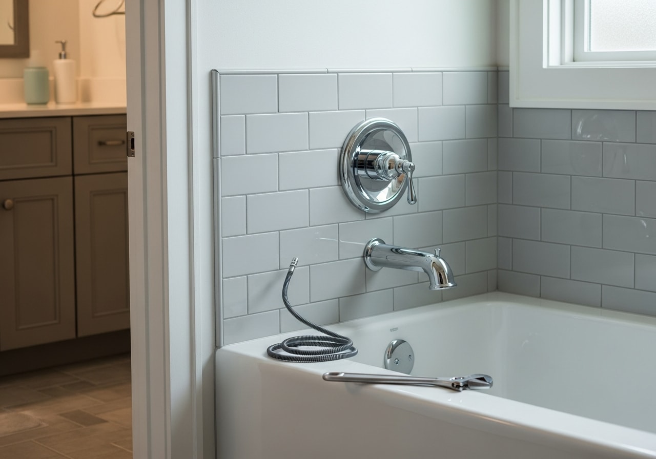 Bathtub drain cleaning and shower valve replacement in Redwood City bathroom