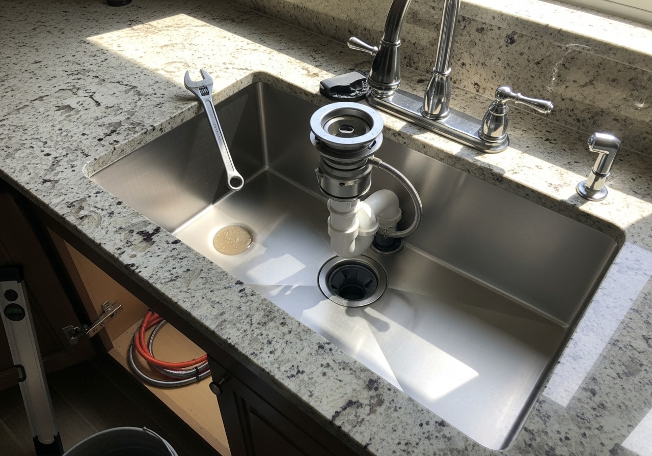 New garbage disposal and kitchen sink installation with modern faucet in Palo Alto kitchen