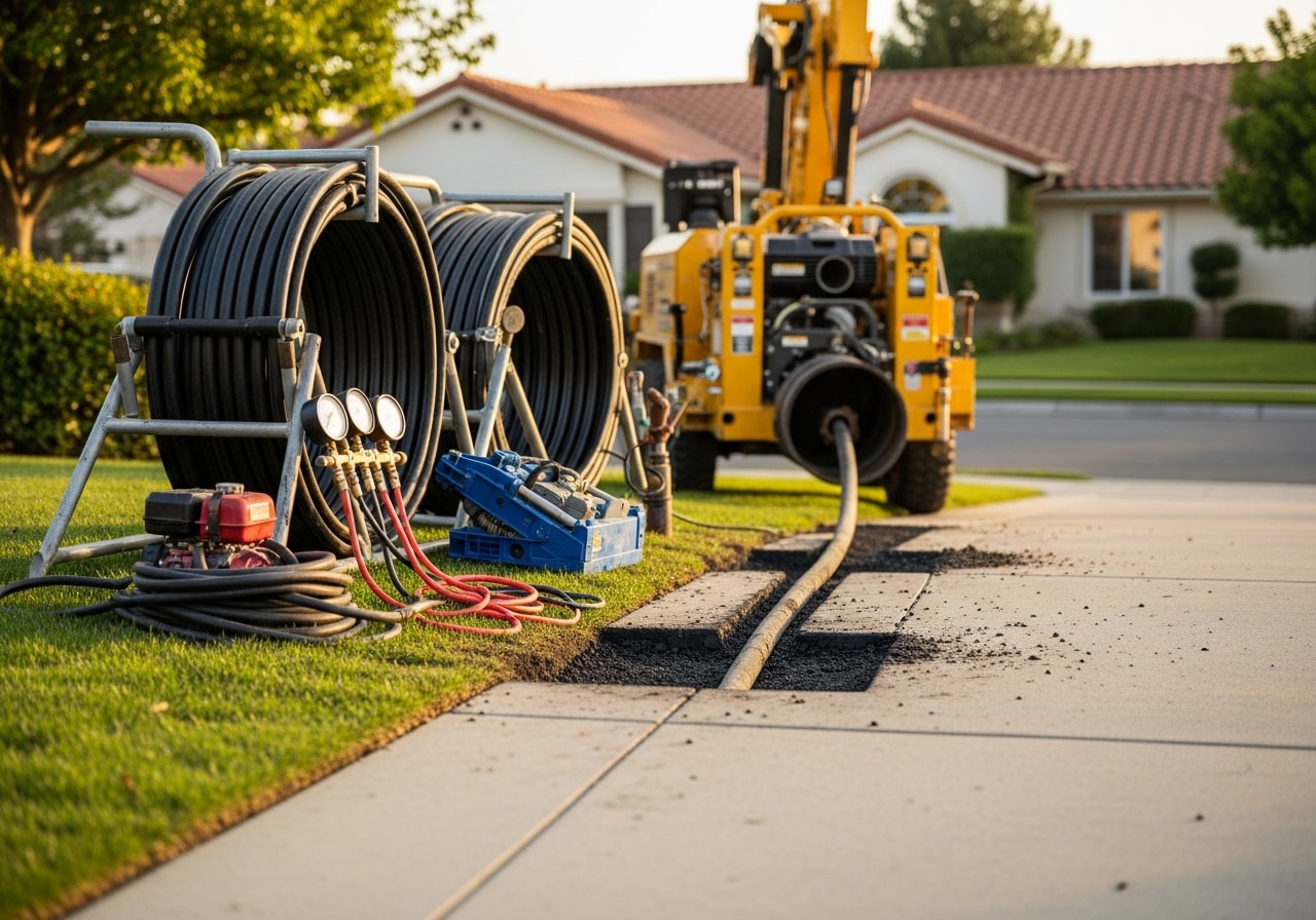 Trenchless sewer line replacement equipment and completed installation in San Jose residential property