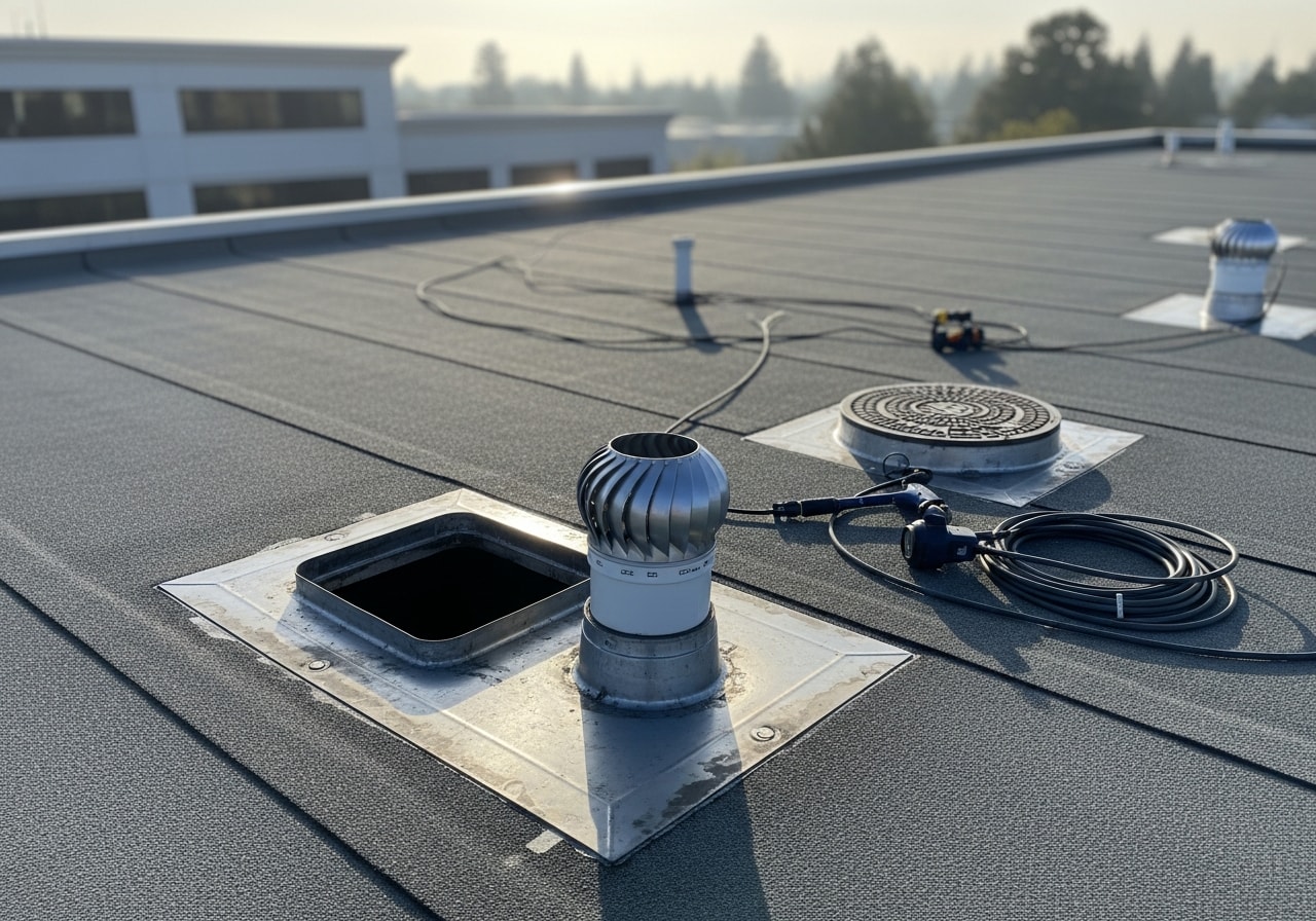 Roof vent and main sewer line cleaning service completed at Santa Clara commercial property