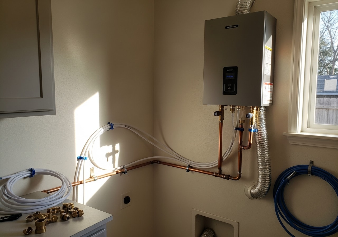 Gas tankless water heater installation with new gas line and venting in Los Gatos home