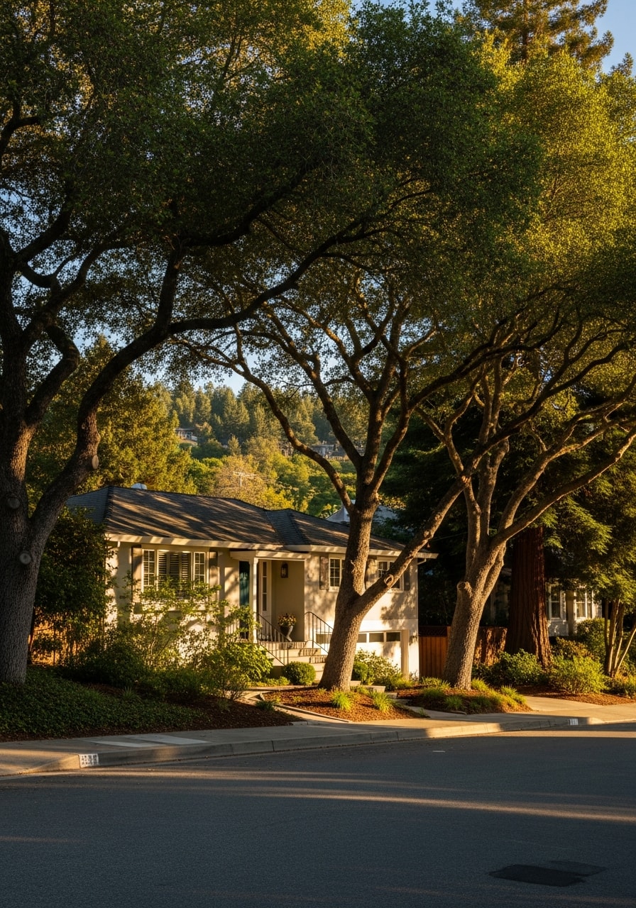 Portrait-style view of a Los Gatos residence showing the home's relationship to surrounding landscape and tree canopy.