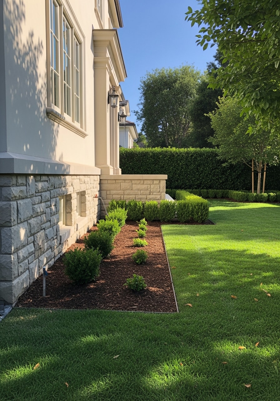 Close-up of a Menlo Park home's refined exterior details and manicured grounds.