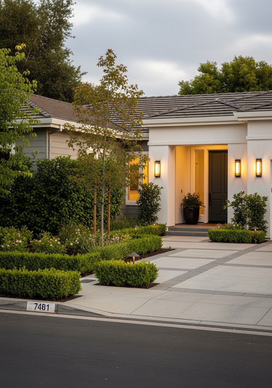 Detail shot of a Palo Alto residence's front entrance with refined architectural elements and professional landscaping.
