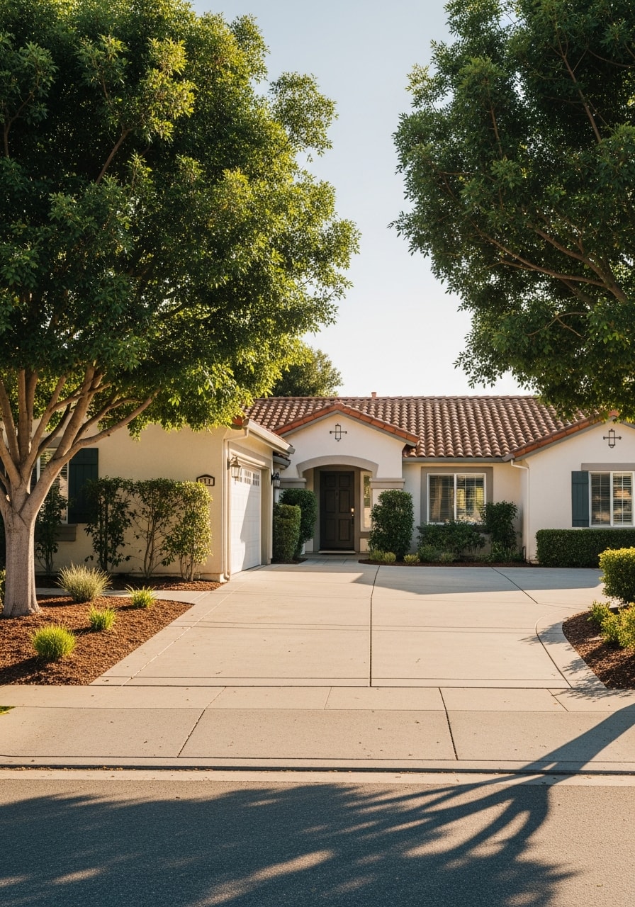 Close-up of a well-maintained home exterior in a San Jose neighborhood with mature landscaping and clear driveway access.