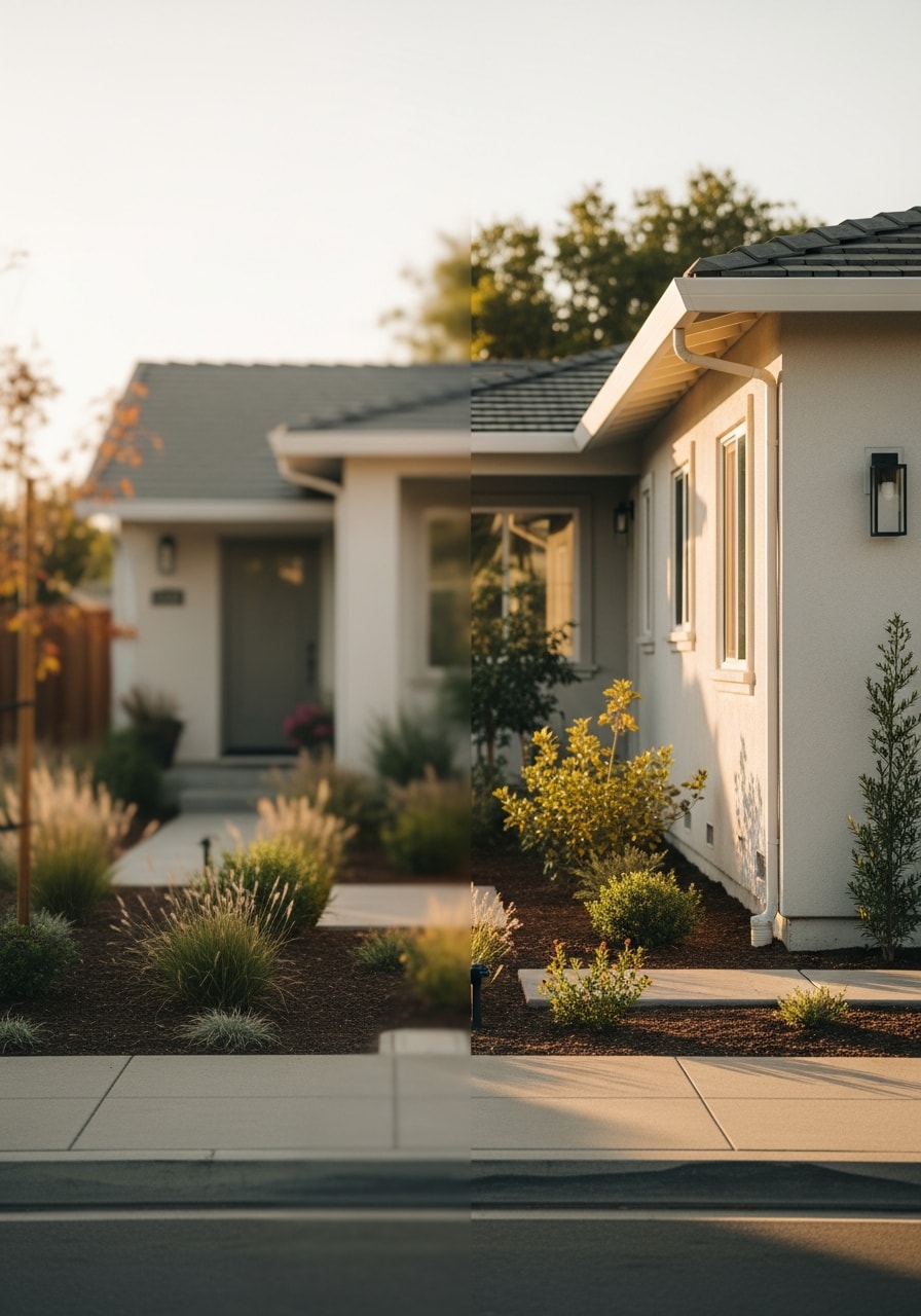Close-up of a Sunnyvale home's exterior showing modern finishes and well-maintained front yard space.