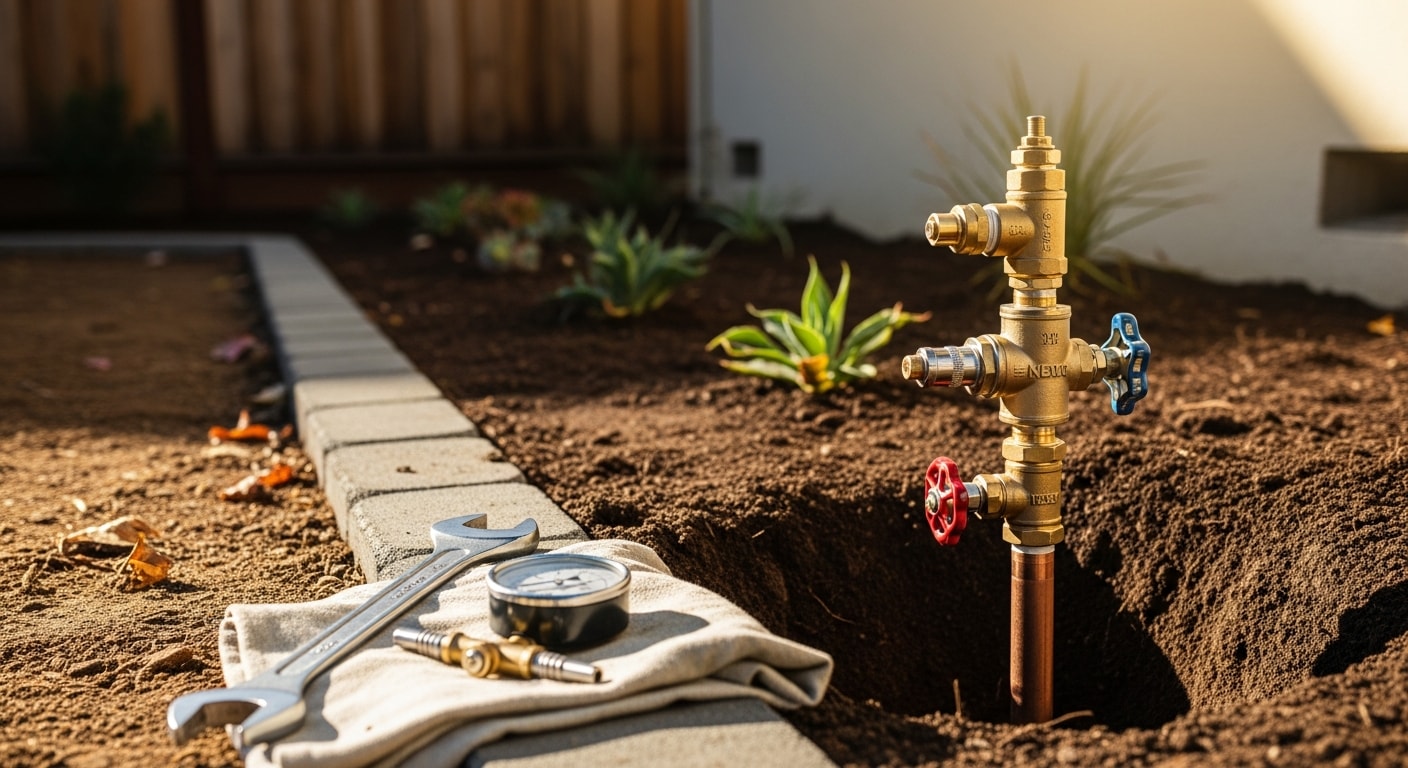 A newly installed backflow preventer assembly mounted near a residential water meter on a San Jose property. The device is positioned on the customer side of the meter in compliance with local water district placement standards.