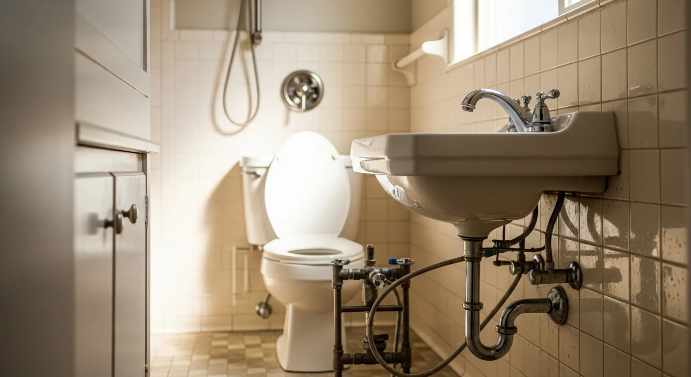 A newly installed bathroom faucet and sink basin in a residential home in San Jose, California. The fixture replacement is complete with clean supply line connections visible under the sink cabinet.