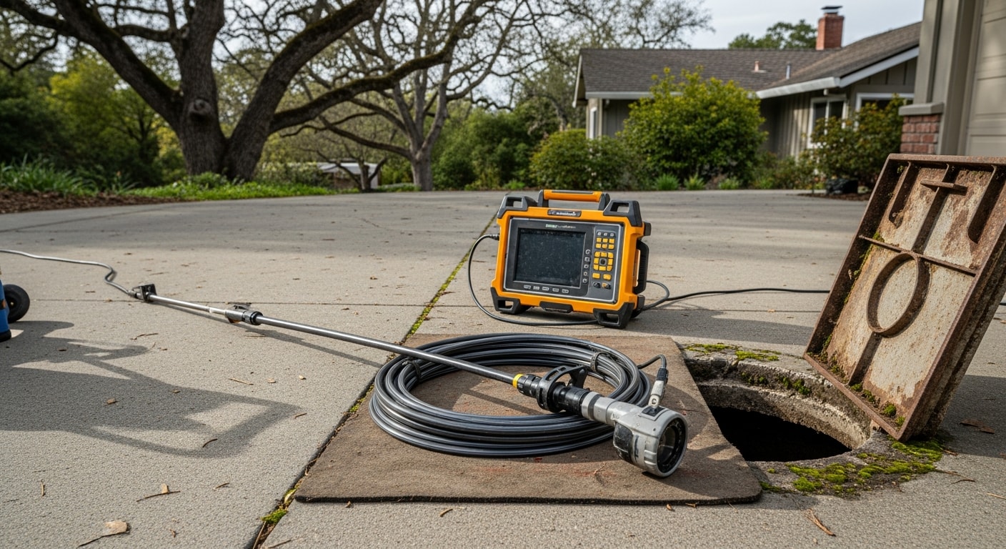 A drain camera inspection technician from Gomez Sewer and Drain feeding a flexible camera rod into a residential sewer cleanout in San Jose, California. The monitor beside the technician displays a live video feed showing the interior of an aging clay sewer pipe.
