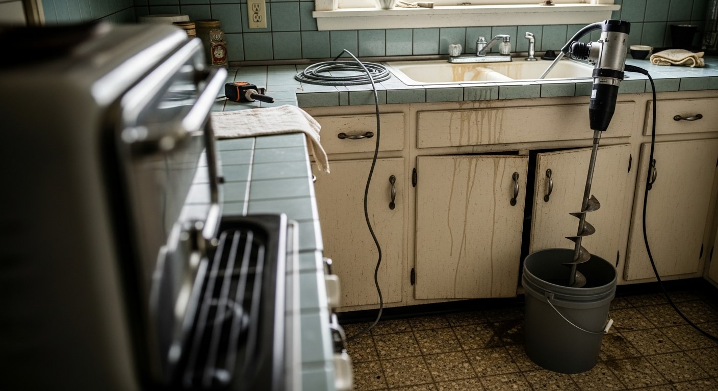 A Gomez Sewer and Drain technician clearing a clogged kitchen drain line in a San Jose residential home. The drain pipe access point is visible beneath the sink cabinet during the cleaning service.