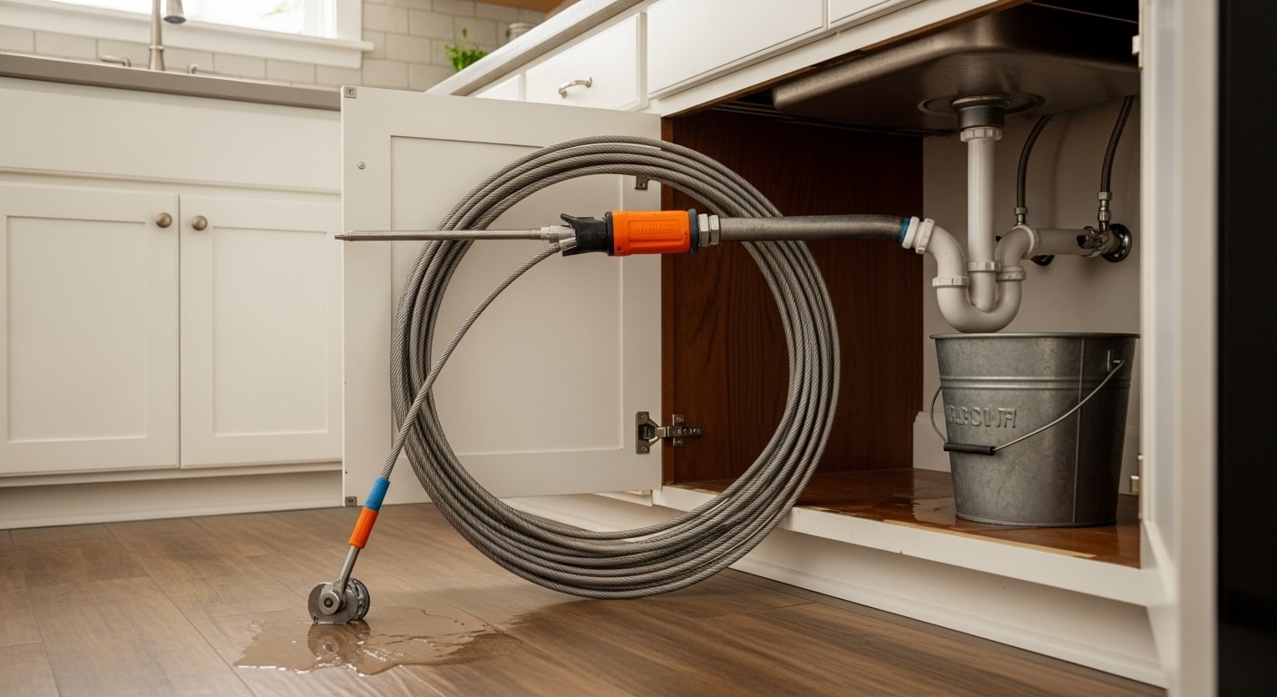 A drain cleaning technician feeding a flexible steel snake cable into a kitchen sink drain in a residential home in San Jose, California. The under-sink cabinet is open and the pipe access point is visible, showing a hands-on drain snaking service in progress.