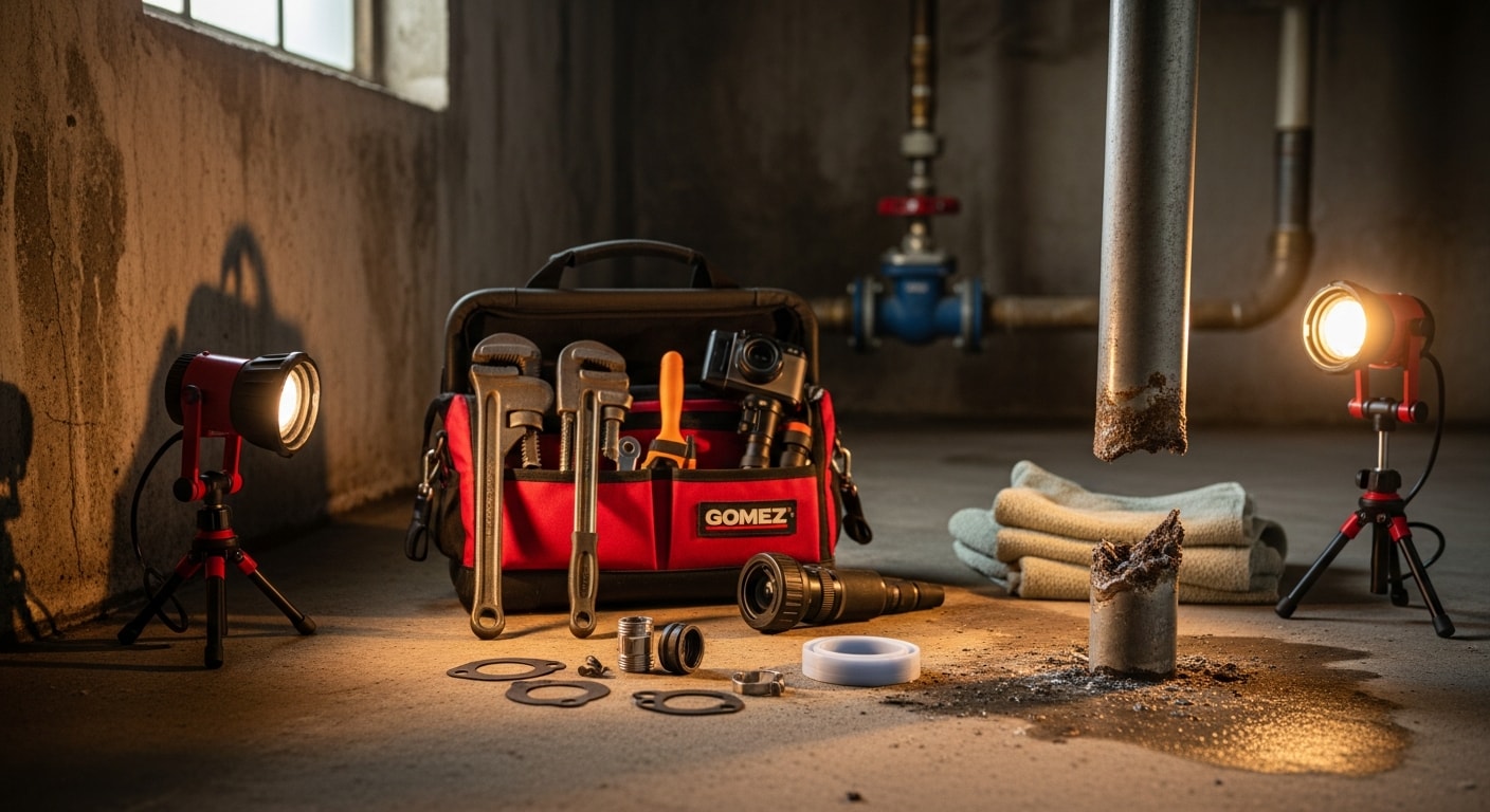 A licensed plumber from Gomez Sewer and Drain inspecting an exposed burst pipe under a kitchen sink in a San Jose home. Water damage is visible on the cabinet floor, and the plumber is using a flashlight to assess the source of the leak.