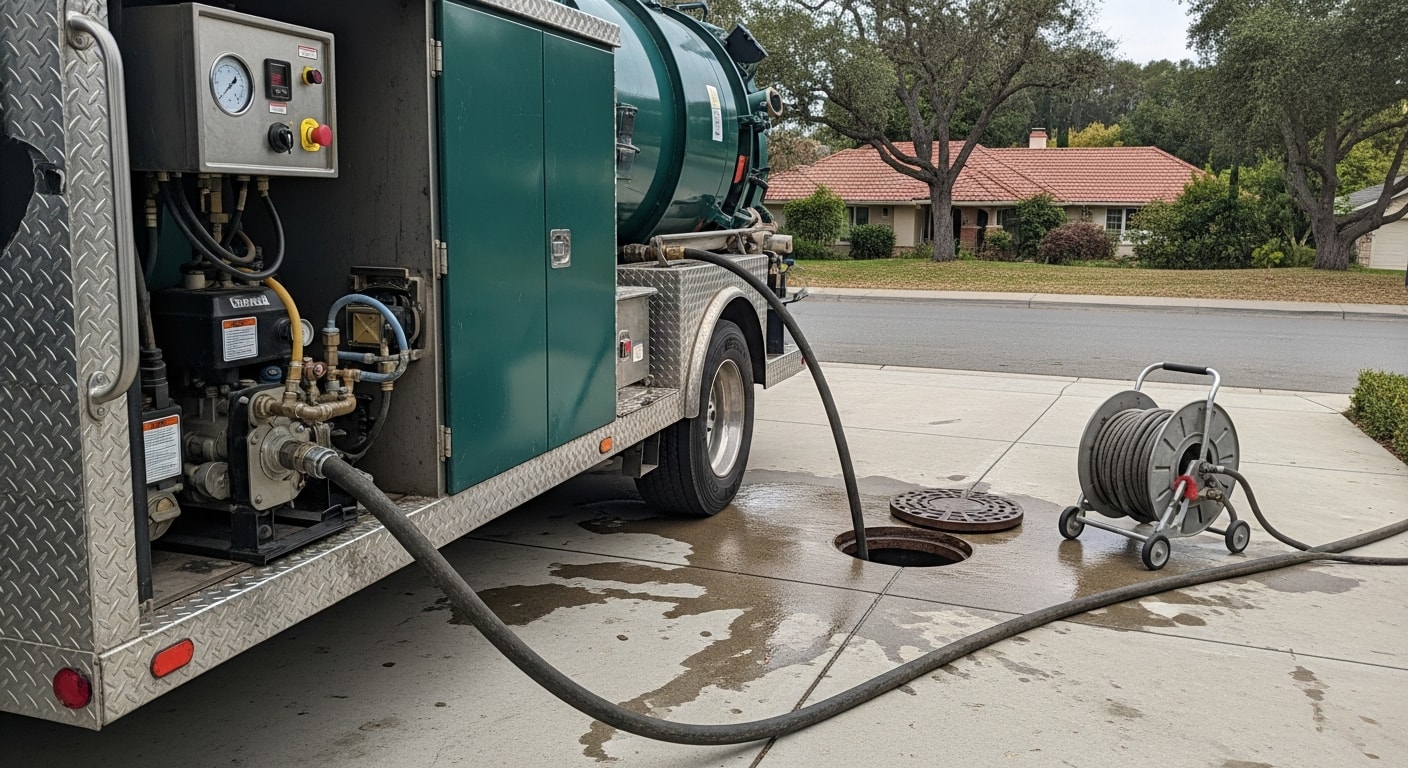 A Gomez Sewer and Drain technician feeding a hydro jetting hose into a residential sewer cleanout in San Jose, CA. The surrounding yard shows mature trees typical of older Campbell and Los Gatos neighborhoods.