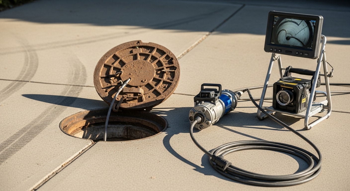 A Gomez Sewer and Drain technician feeding a drain cleaning cable into a main sewer cleanout access point outside a residential home in San Jose, California. The cleanout cap is removed and the technician is working at ground level alongside a service truck.