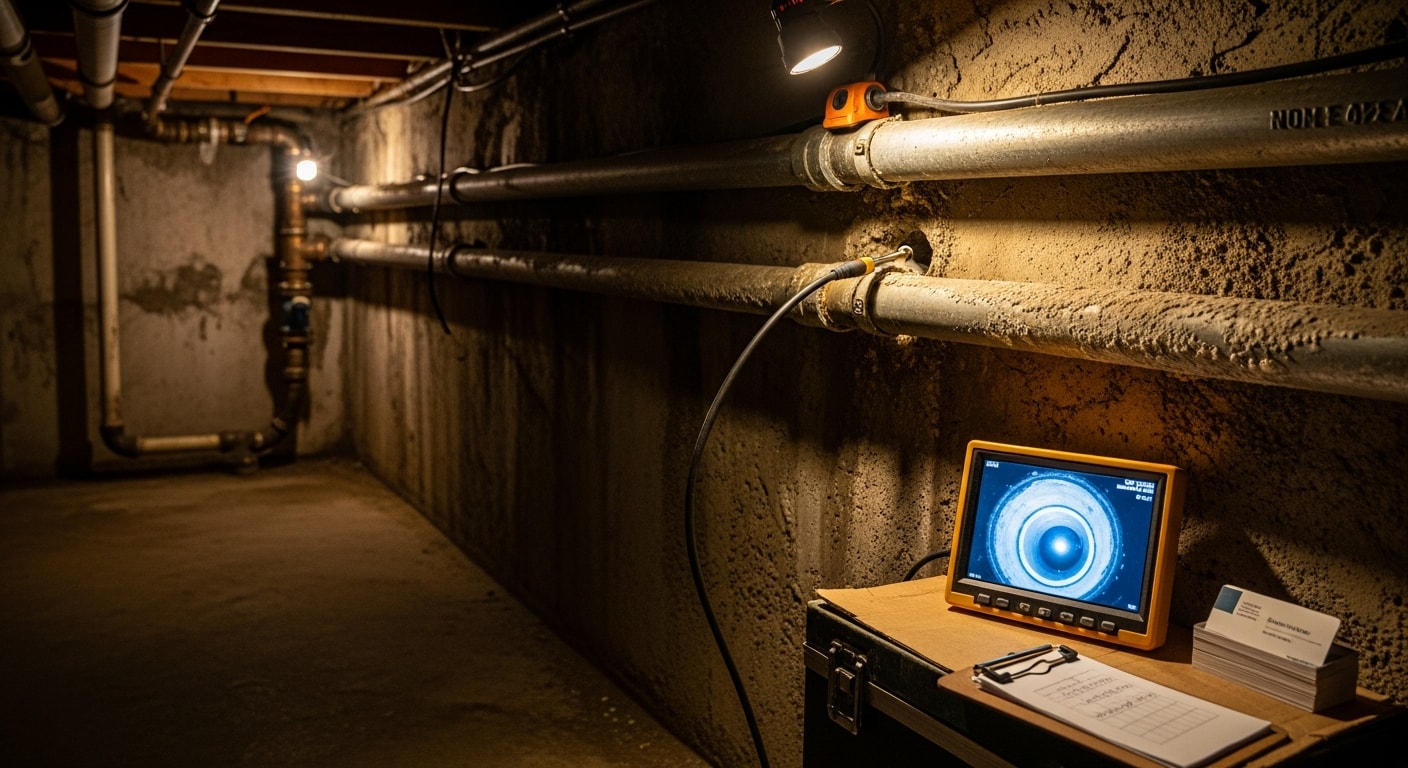 A plumber from Gomez Sewer and Drain using a camera inspection tool to examine a sewer line beneath a residential property in San Jose. The technician reviews pipe condition findings on a monitor outside the home.
