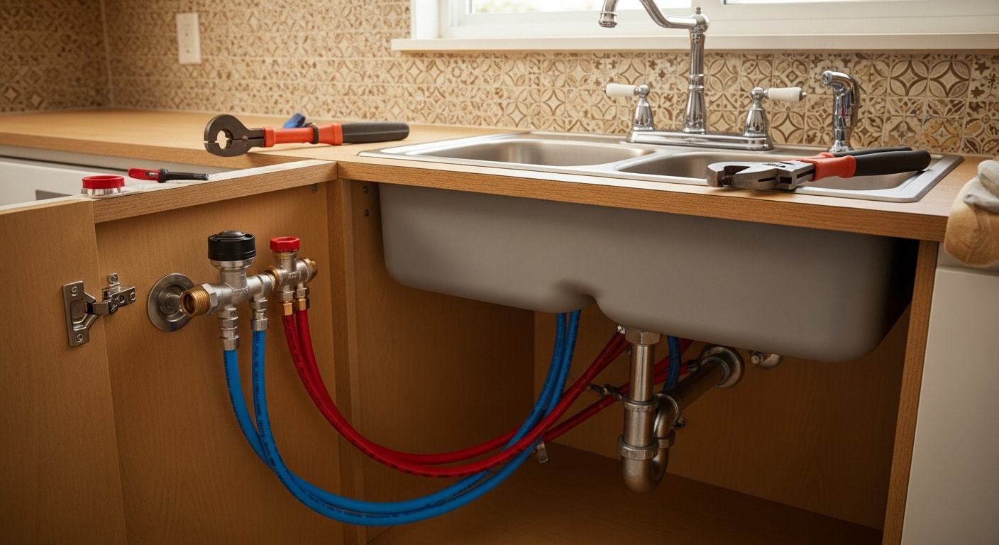 A licensed plumber from Gomez Sewer and Drain installing new supply lines and fixtures beneath a kitchen sink in a residential home in San Jose, California. Copper supply connections and a new drain assembly are visible under the cabinet.