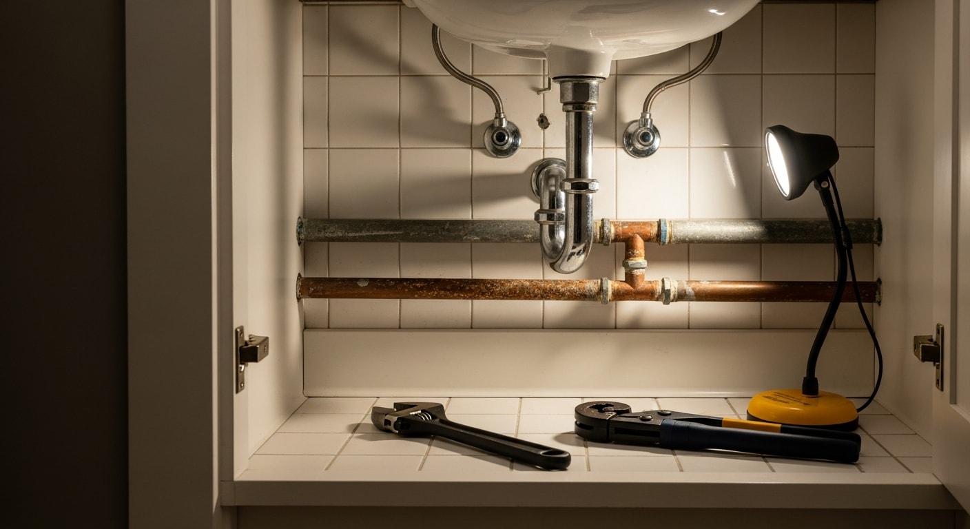 A licensed plumber repairing a corroded pipe under a kitchen sink in a mid-century home in San Jose, California. Visible pipe fittings and repair tools are shown in a clean, organized workspace beneath the cabinet.
