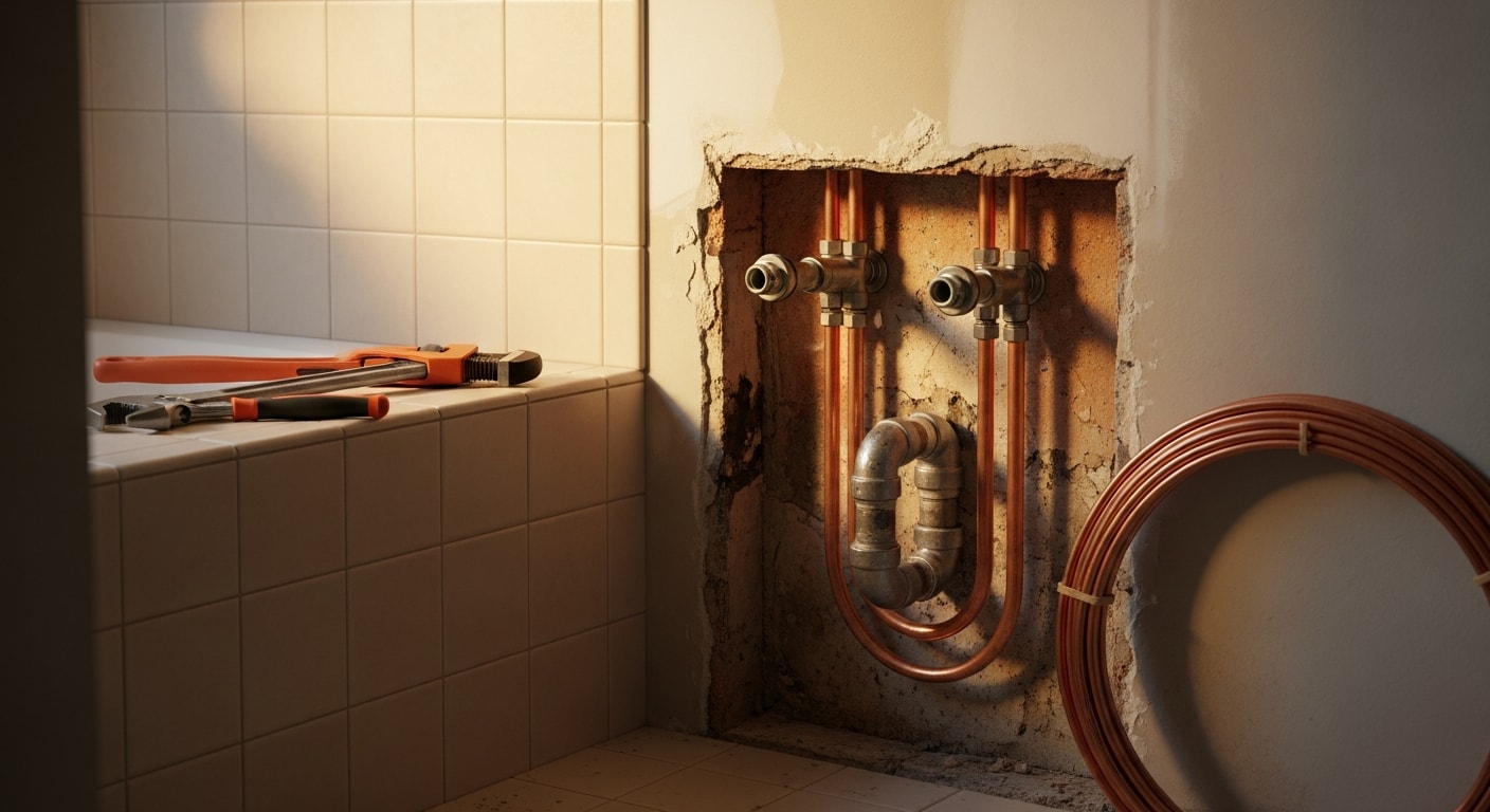 A licensed plumber from Gomez Sewer and Drain replacing corroded galvanized supply pipes inside a mid-century home in San Jose, California. New pipe sections are laid out alongside removed rust-damaged pipe on a residential job site in the South Bay.