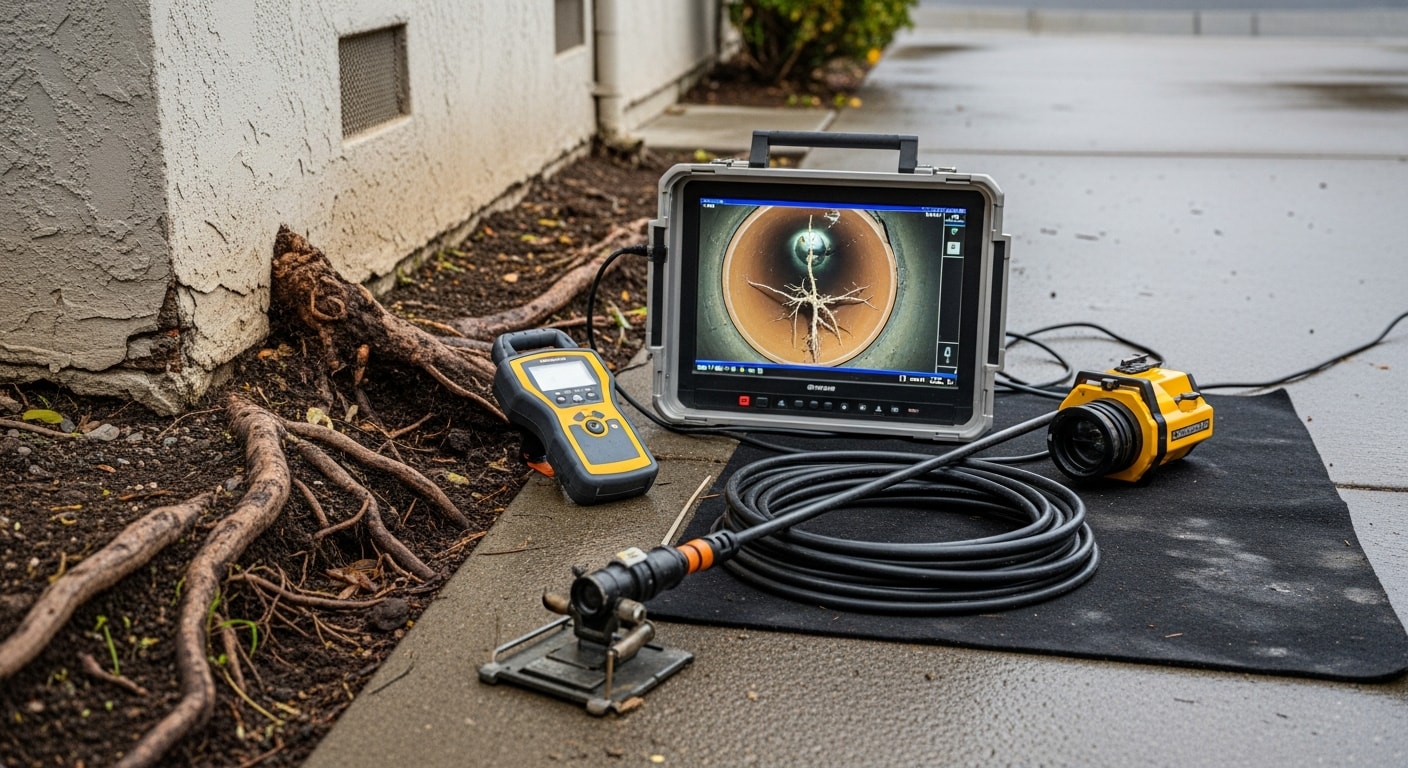 A Gomez Sewer and Drain technician reviewing sewer camera footage on a monitor outside a residential property in San Jose. The screen displays the interior of a clay sewer pipe with visible root intrusion and joint cracking.