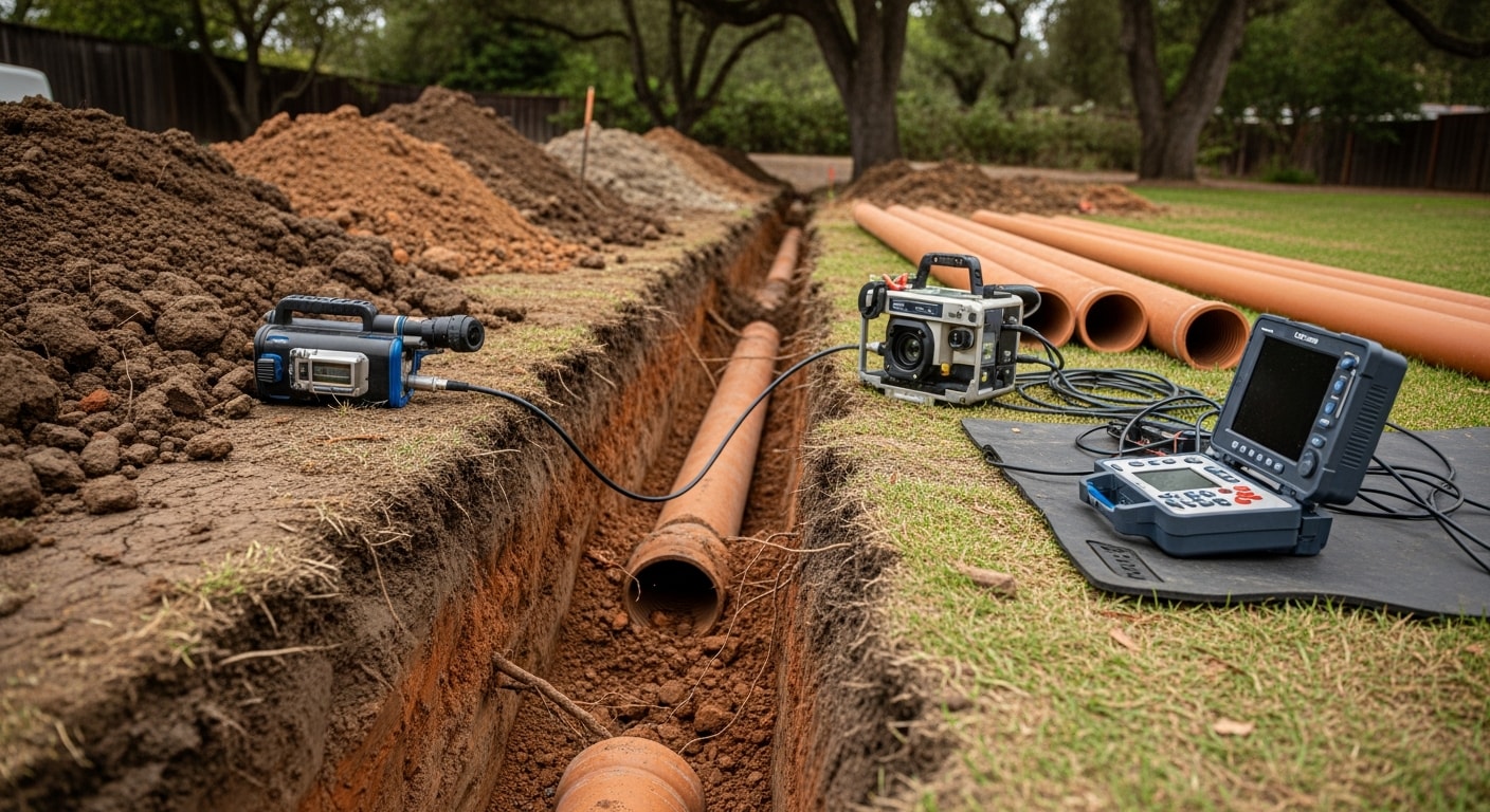 A Gomez Sewer and Drain technician reviewing a sewer camera inspection monitor beside an open cleanout access point in a residential yard in San Jose. The screen shows the interior of a clay sewer pipe with visible root intrusion and joint cracking typical of pre-1980 South Bay homes.