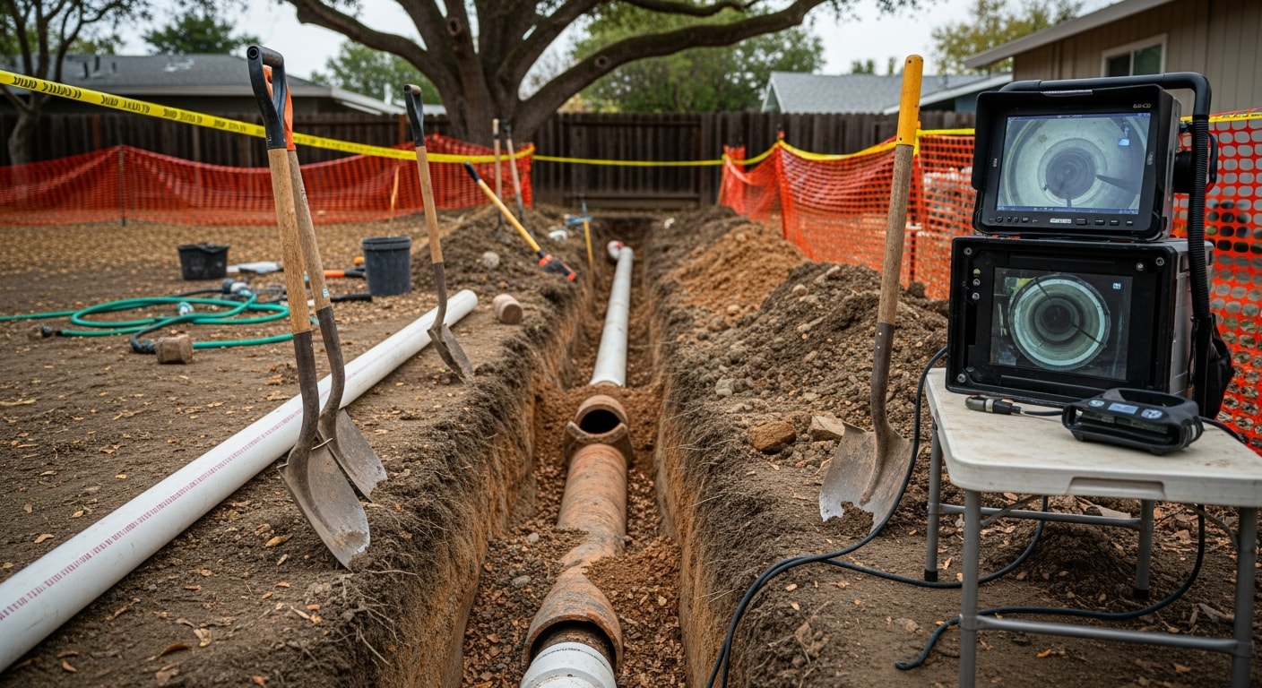 A residential sewer line trench in a San Jose backyard showing an exposed clay pipe being replaced with new pipe by a sewer service crew. Property access points and excavated soil are visible alongside a single-family home.