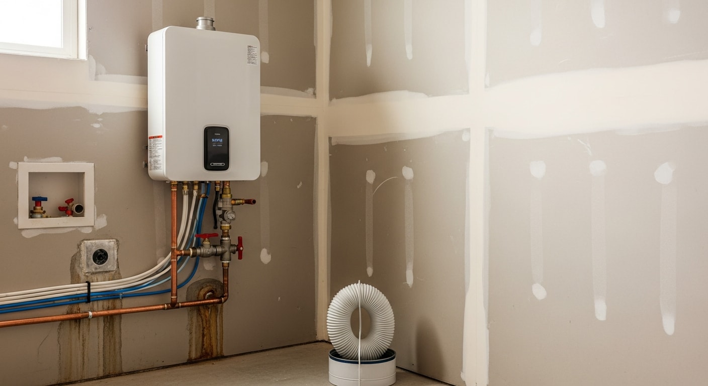 A tankless water heater mounted on an interior utility room wall in a San Jose residential home, with copper supply lines and a dedicated gas connection visible. The compact wall-mounted unit replaces a traditional storage tank in a typical single-family home garage setup.