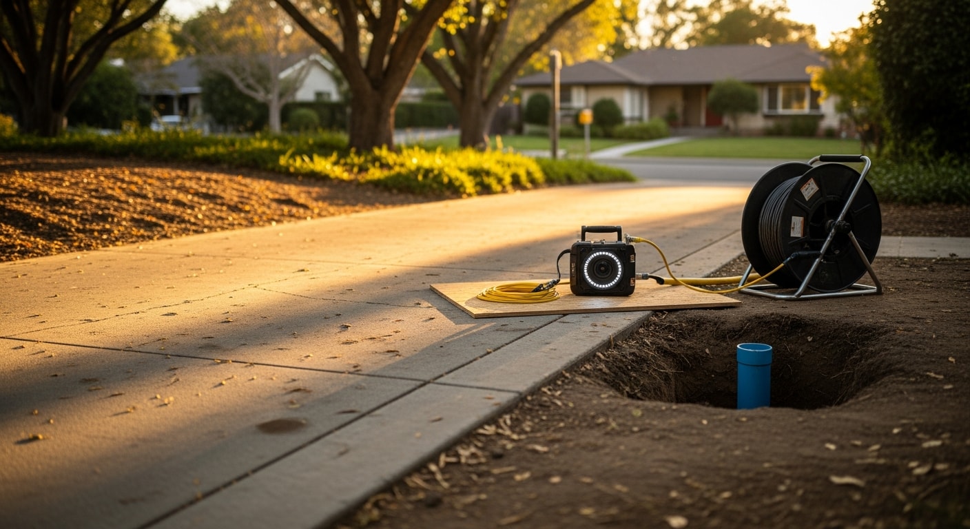 A Gomez Sewer and Drain technician performing a trenchless sewer repair in a San Jose residential yard, with small access points visible and surrounding lawn and concrete left undisturbed. Camera inspection equipment is positioned at the cleanout near the home's foundation.