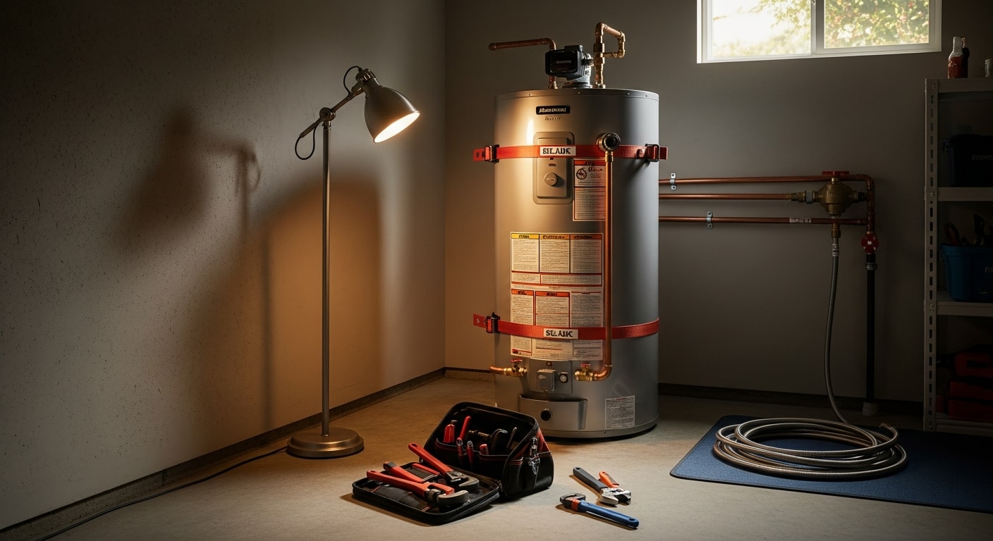A newly installed tank water heater secured with seismic straps inside a garage in San Jose, California. The unit shows fresh water supply line connections and a properly routed T&P relief valve drain line.