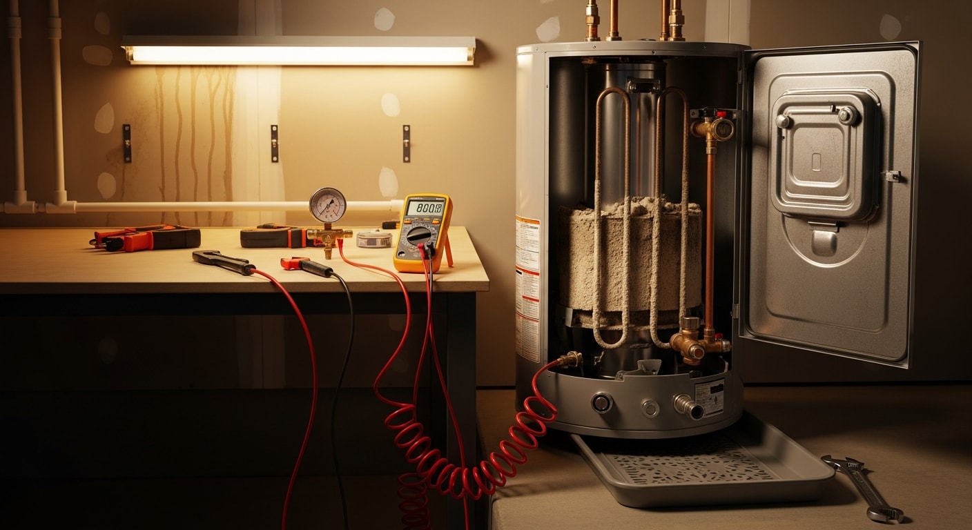 A plumber inspecting a residential tank water heater in a garage utility area in San Jose, California. The technician checks the pressure relief valve and water connections during a repair service call.