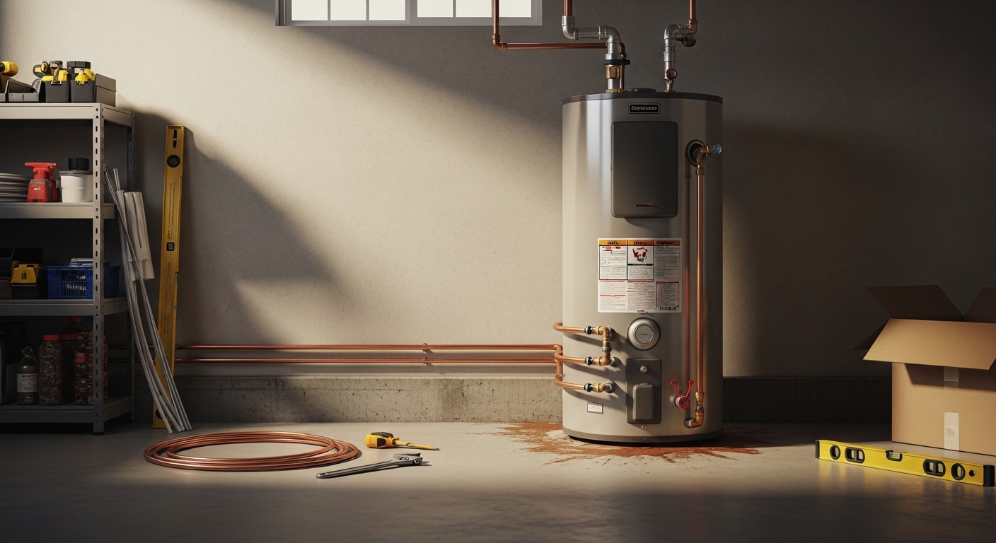 A newly installed water heater in a residential utility area in San Jose, California, with fresh supply line connections and seismic strapping visible. The old unit has been removed and the surrounding area is clean and clear.